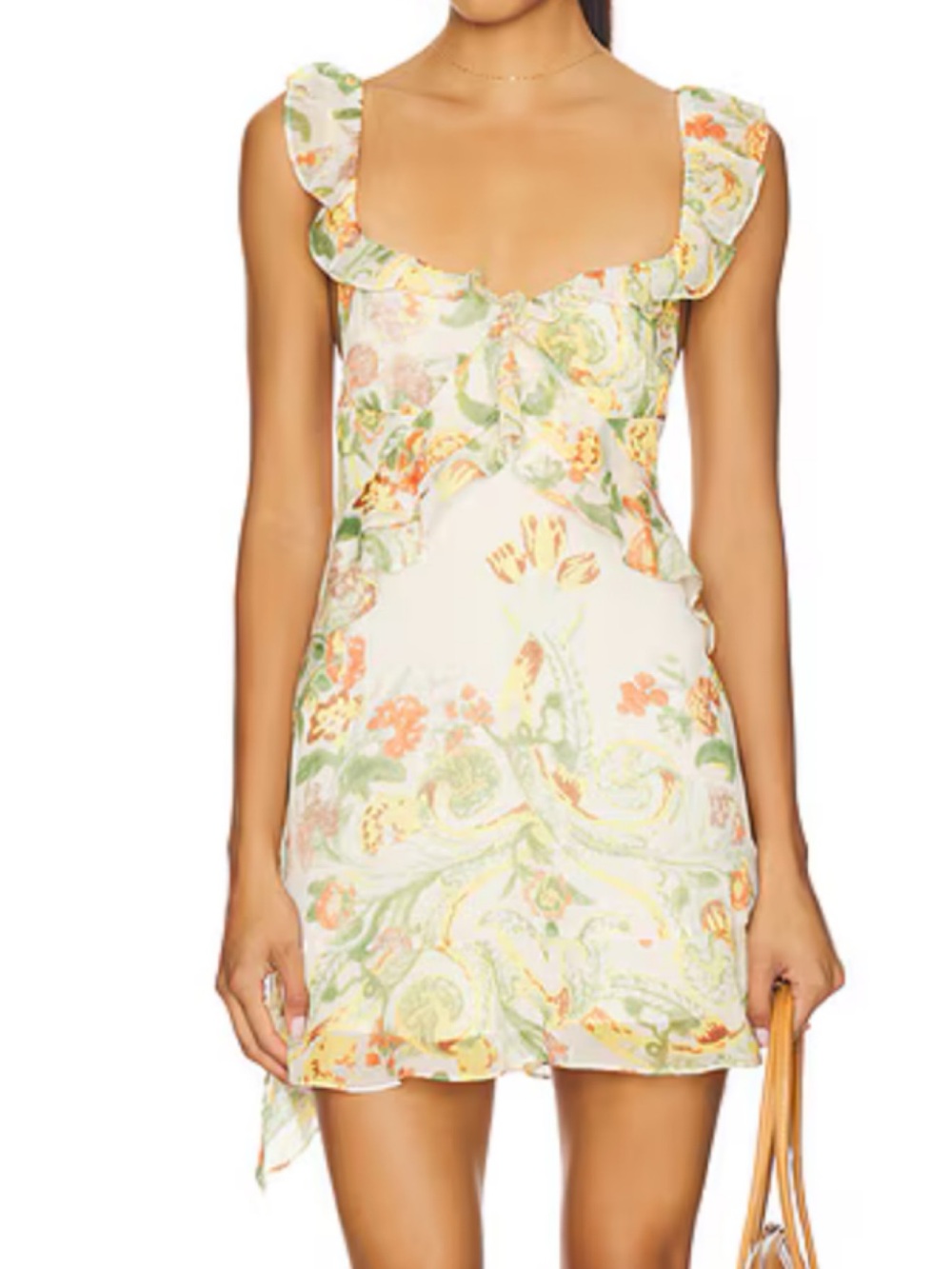 Free People Floral Ruffle Mini Dress in Cream, Green, Orange